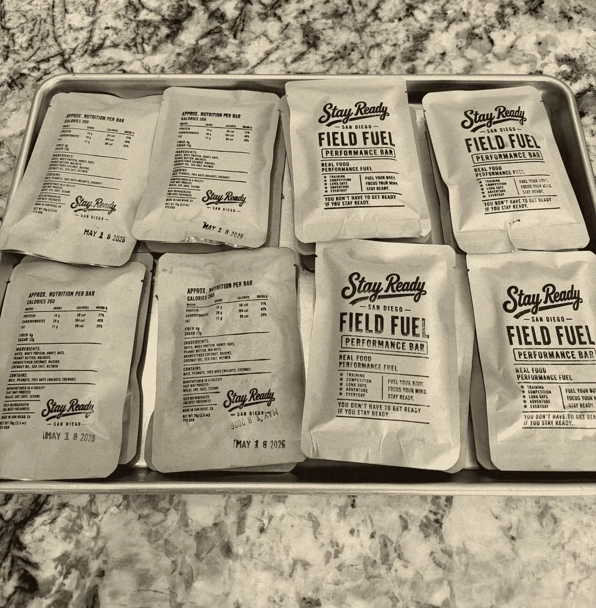 Hand-made batch of Stay Ready Field Fuel bars, stamped and bagged